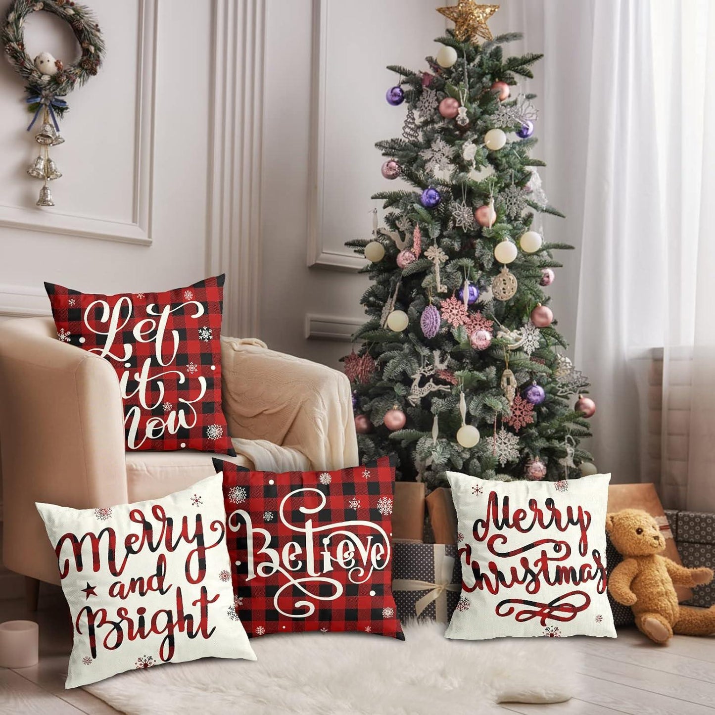 Set of 4 Christmas Decorations Christmas Pillow Covers 18x18 Inches Farmhouse Buffalo Plaid Black and Red Throw Pillow Case Winter Holiday Christmas Decor - Hibrides