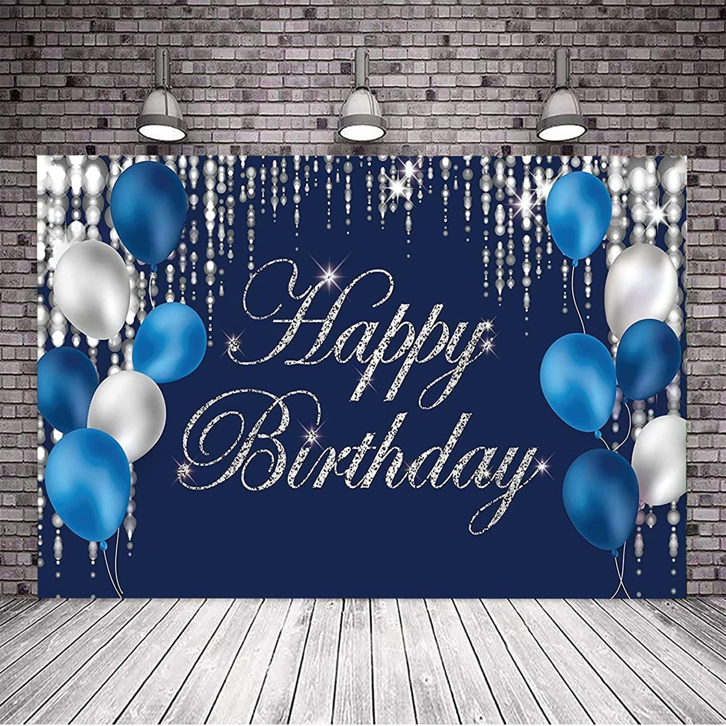 Happy Birthday Photography Backdrop Navy Blue and Silver Happy Birthday Sign - Hibrides