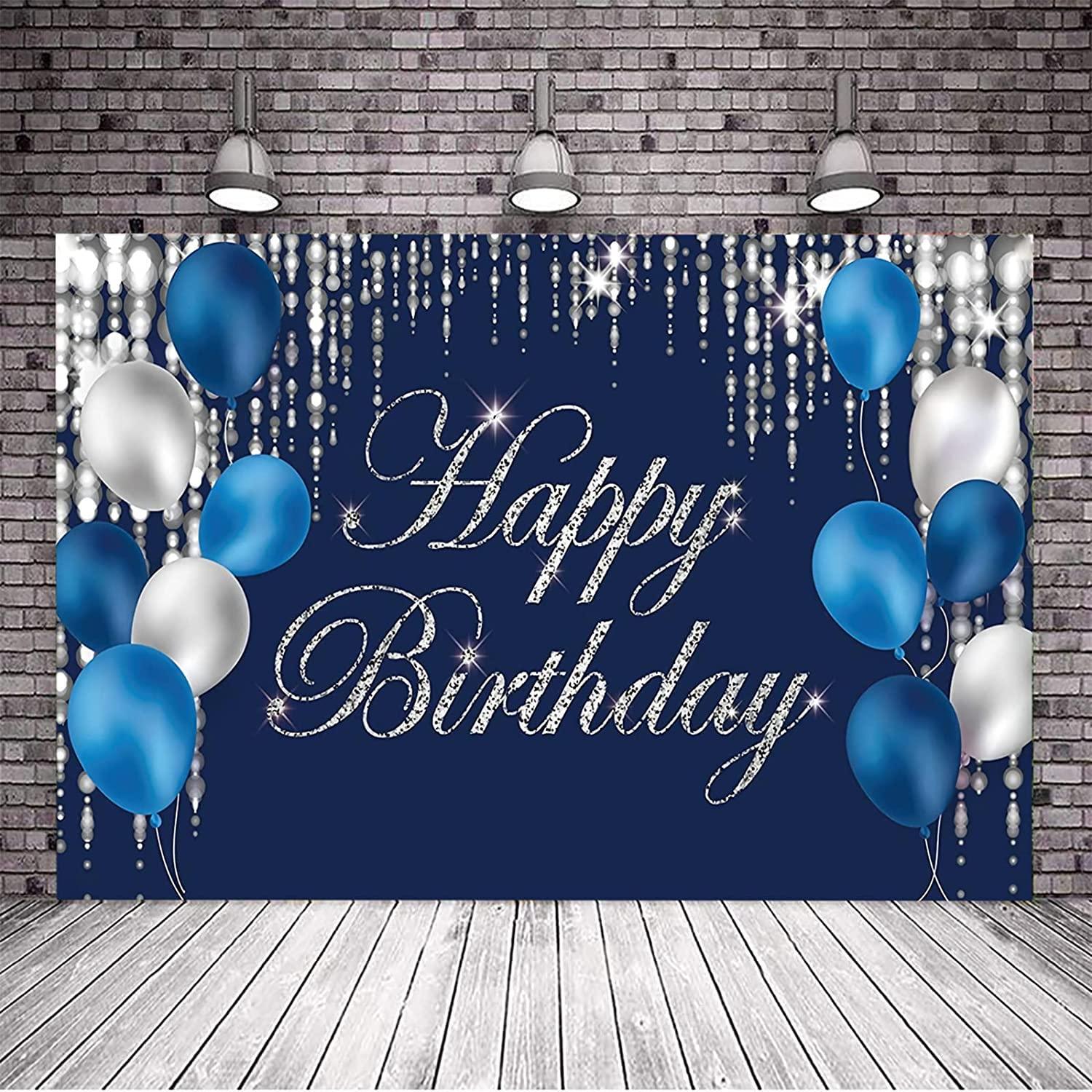 Happy Birthday Photography Backdrop Navy Blue and Silver Happy Birthday Sign - Hibrides