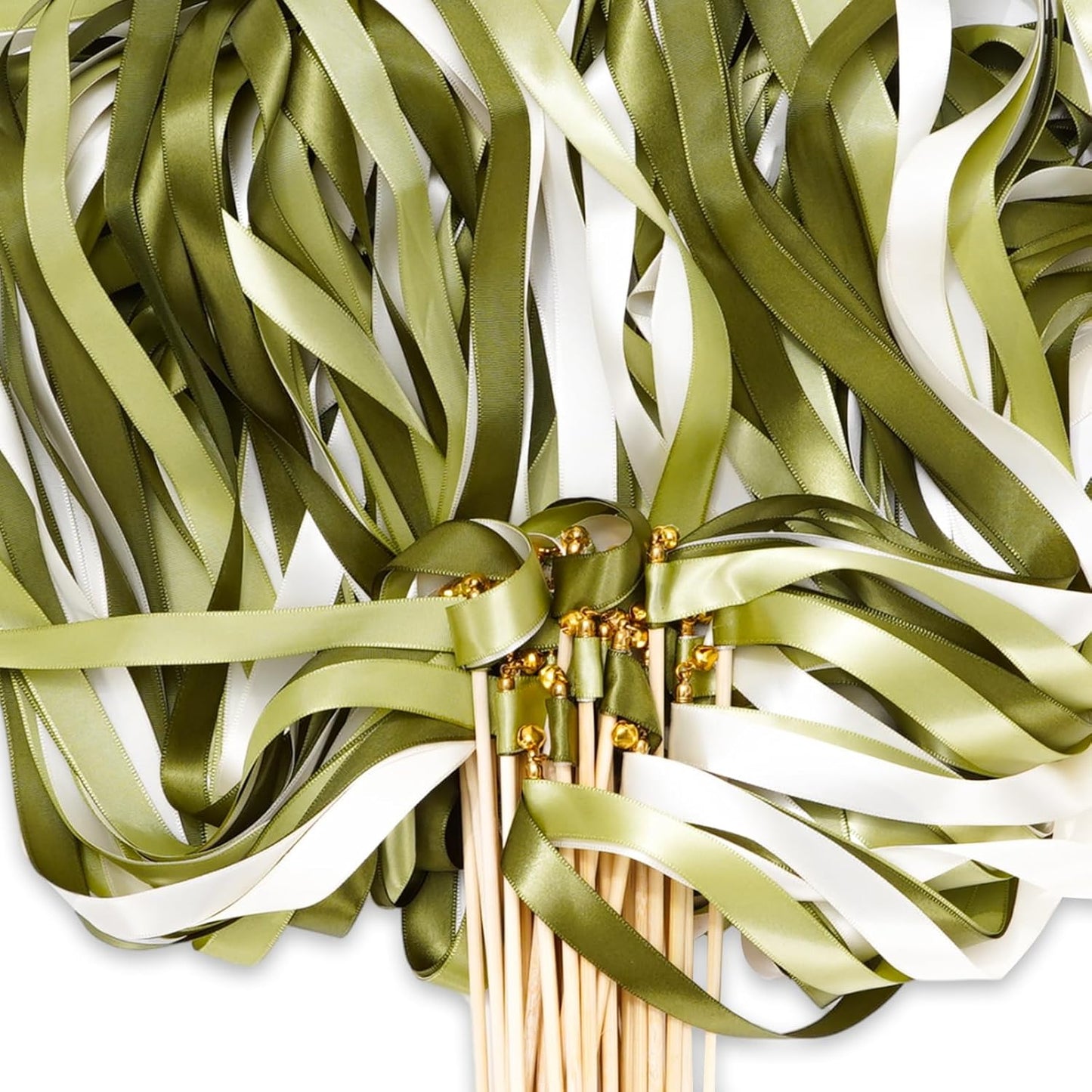 Handmade Wedding Ribbon Sticks with Bells White Sage Green Streamers