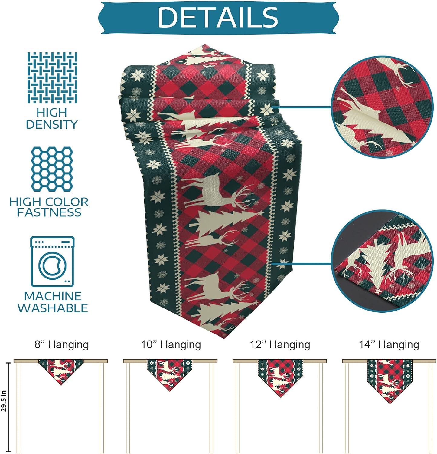 13X70 Inch Christmas Tree Elk Deer Table Runners Red Holiday Buffalo Checkered Plaid Non-Slip Burlap Table Runner - Hibrides