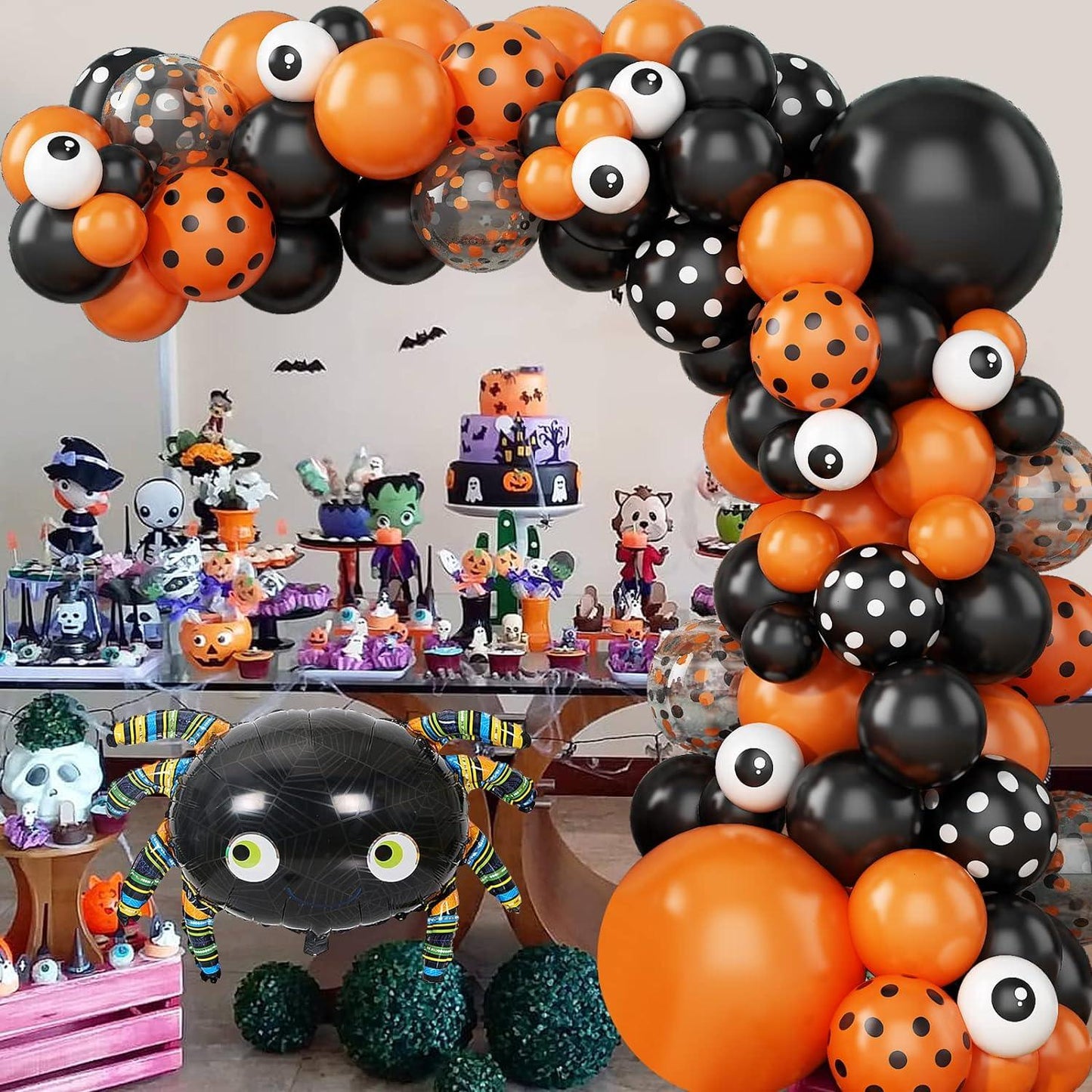 113PCS Halloween Balloon Garland Arch Kit, Black Orange White Confetti Balloons with Large Spider Foil Balloon - Hibrides