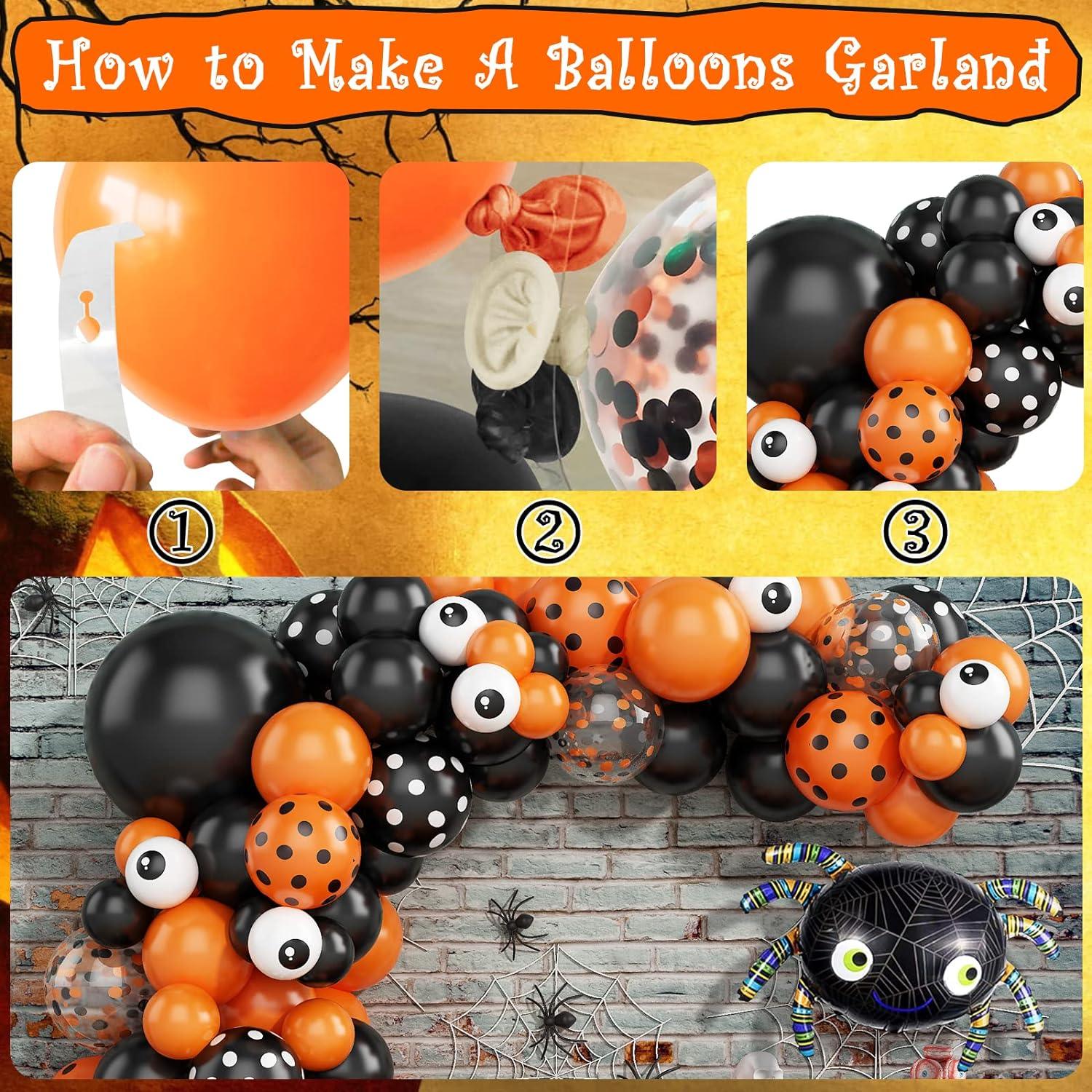 113PCS Halloween Balloon Garland Arch Kit, Black Orange White Confetti Balloons with Large Spider Foil Balloon - Hibrides