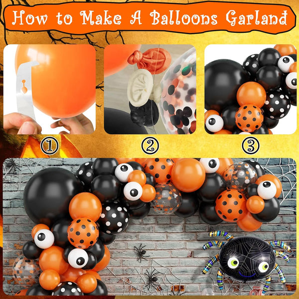 113PCS Halloween Balloon Garland Arch Kit, Black Orange White Confetti Balloons with Large Spider Foil Balloon