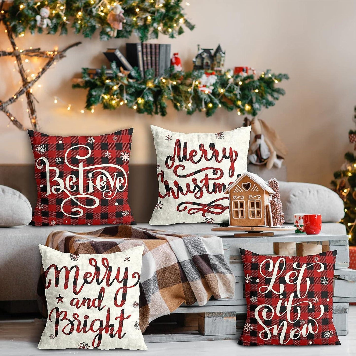 Set of 4 Christmas Decorations Christmas Pillow Covers 18x18 Inches Farmhouse Buffalo Plaid Black and Red Throw Pillow Case Winter Holiday Christmas Decor - Hibrides