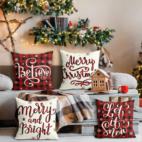 Set of 4 Christmas Decorations Christmas Pillow Covers 18x18 Inches Farmhouse Buffalo Plaid Black and Red Throw Pillow Case Winter Holiday Christmas Decor - Hibrides