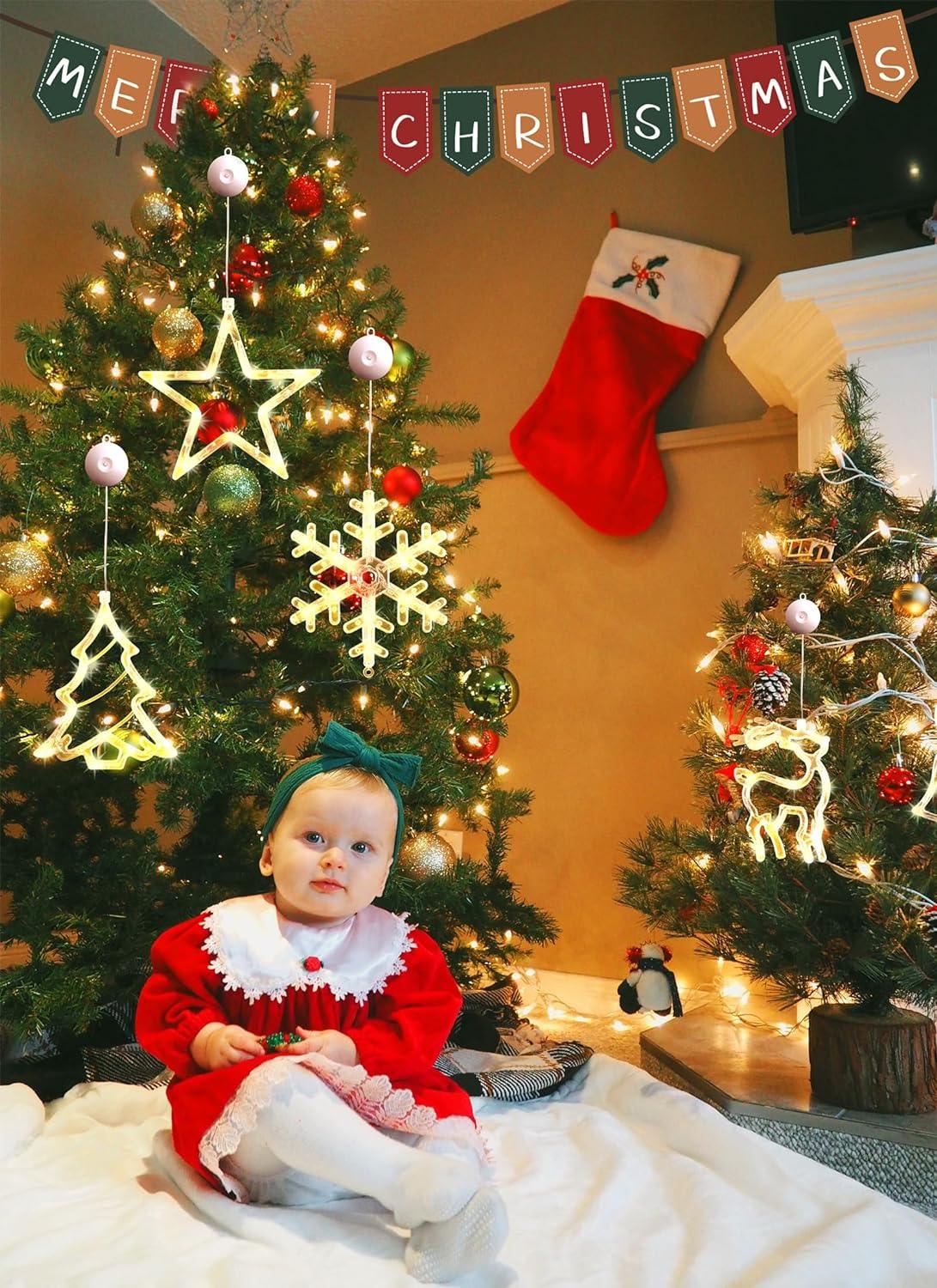 8pcs Christmas Window Decoration Lights, LED Battery Operated Silhouette Lights with Suction for Xmas - Hibrides