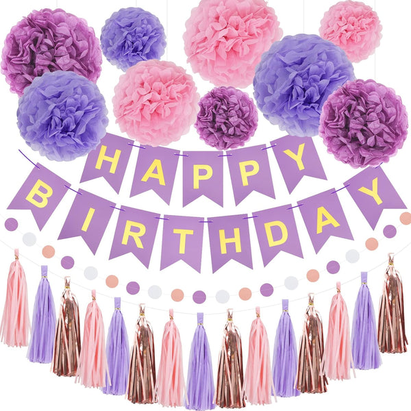 Purple Pink Birthday Party Decorations Set with Happy Birthday Banner, Tissue Paper Pompoms, Tassel Garland, and Circle Dots Garland