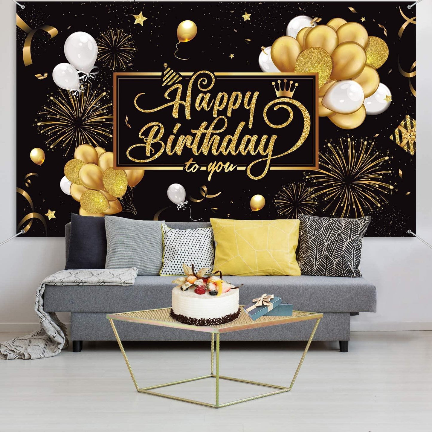 Happy Birthday Backdrop Banner Black and Gold Sign Poster Large Fabric Glitter Balloon Fireworks Sign - Hibrides