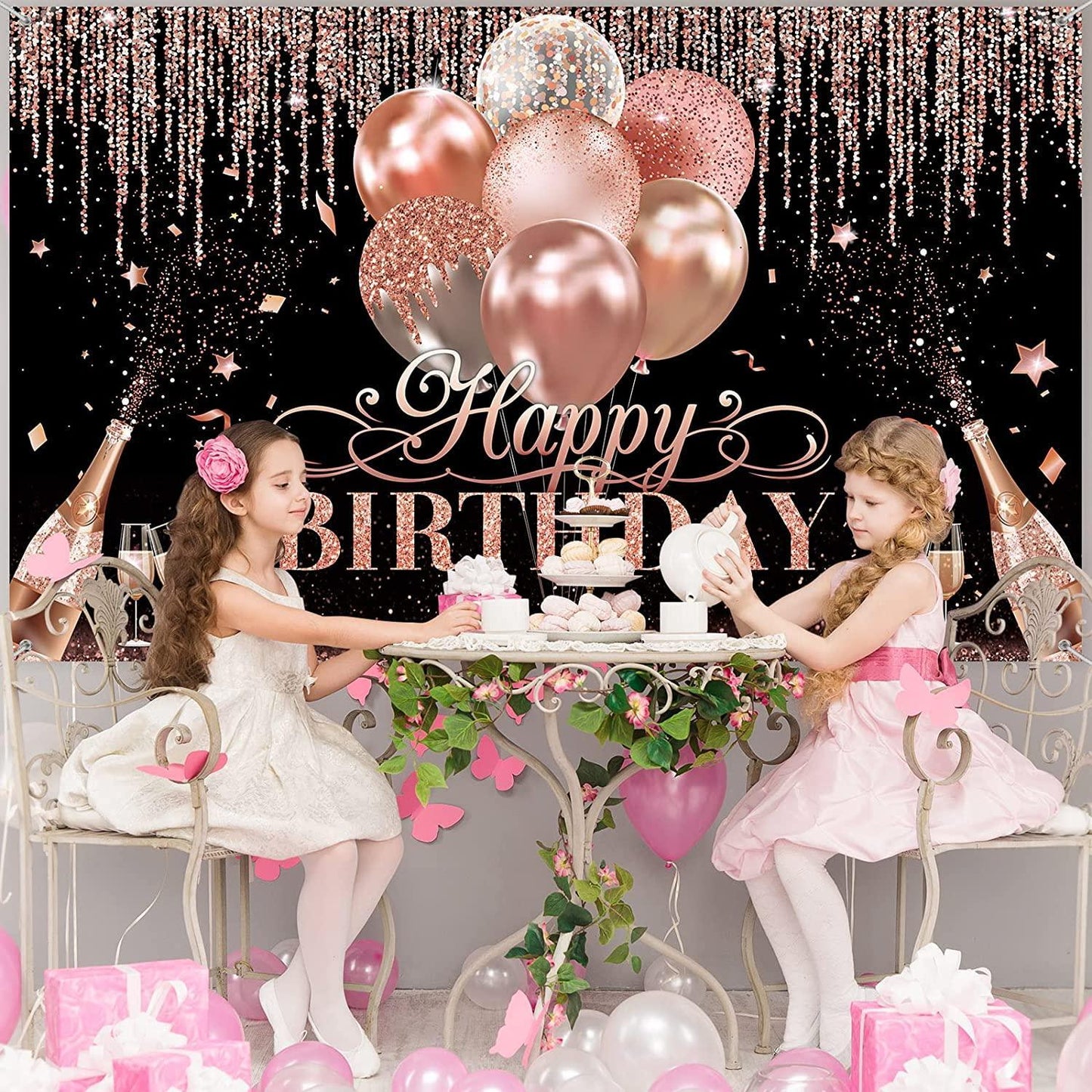 Black Silver Rose Gold Happy Birthday Party Decorations Glitter Balloon Birthday Party Backdrop for Women - Hibrides