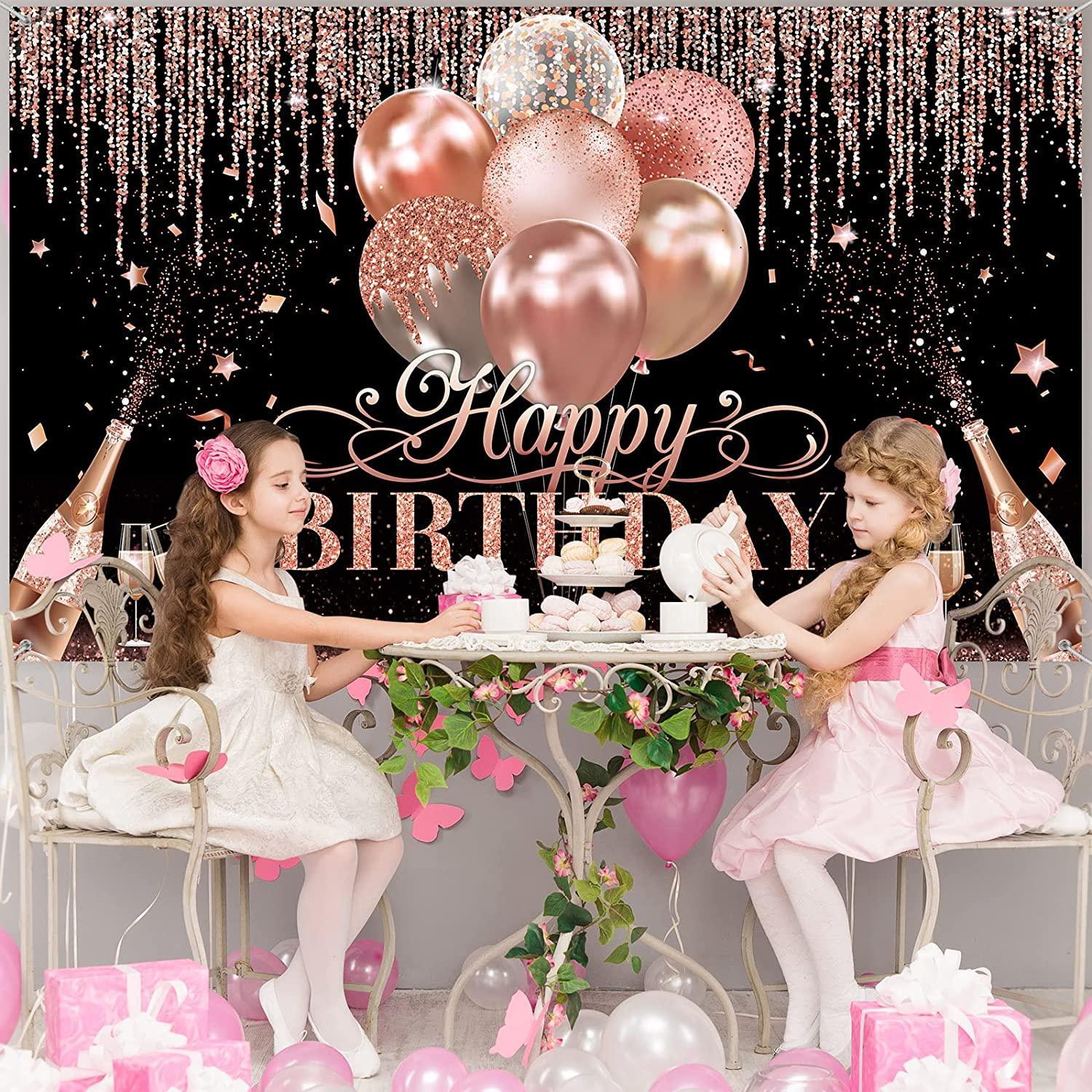 Black Silver Rose Gold Happy Birthday Party Decorations Glitter Balloon Birthday Party Backdrop for Women - Hibrides