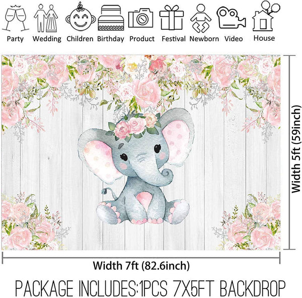 7x5ft Rustic White Wood Elephant Backdrop Supplies for Baby Shower Pink Floral It's a Girl Newborn Kids Birthday Party Decorations - Hibrides