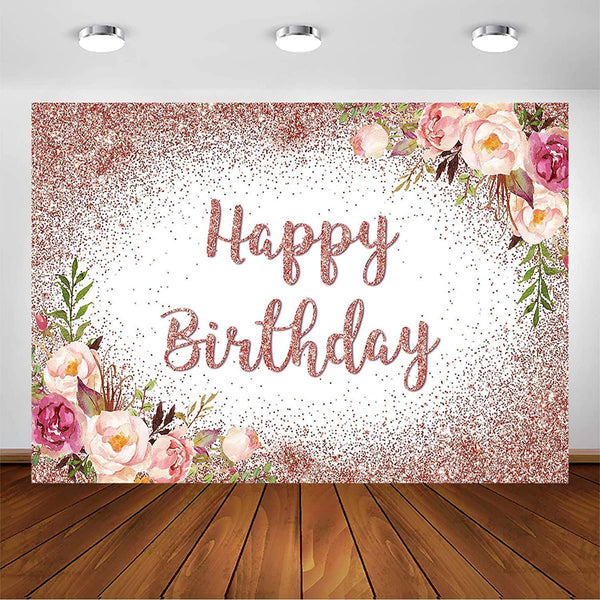 Rose Gold Birthday Backdrop for Girls Women Happy Birthday Party Photography Background - Hibrides