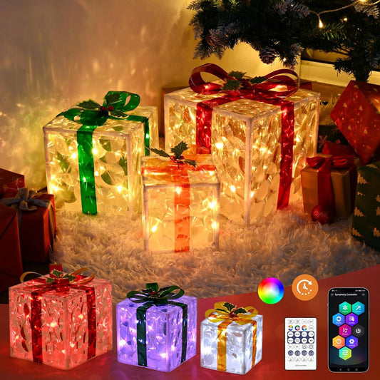 Set of 3 Large Christmas Lighted Gift Boxes Outdoor 10" with Remote Control, Smart Luxury Present Boxes for Christmas Decorations Indoors Outdoors - Hibrides