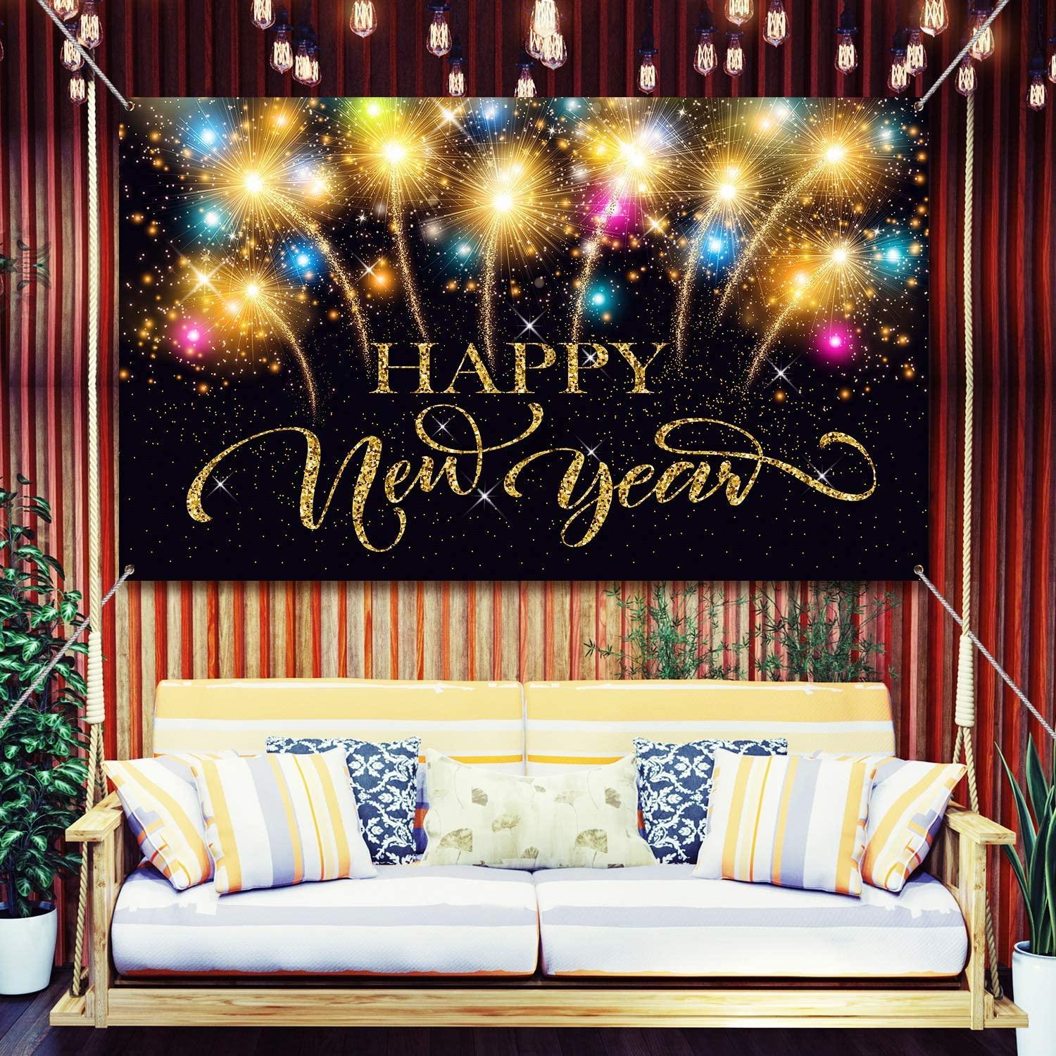 Happy New Year Party Decoration Supplies, Extra Large Fabric Happy New Year Banner for 2023 Party Decoration, - Hibrides