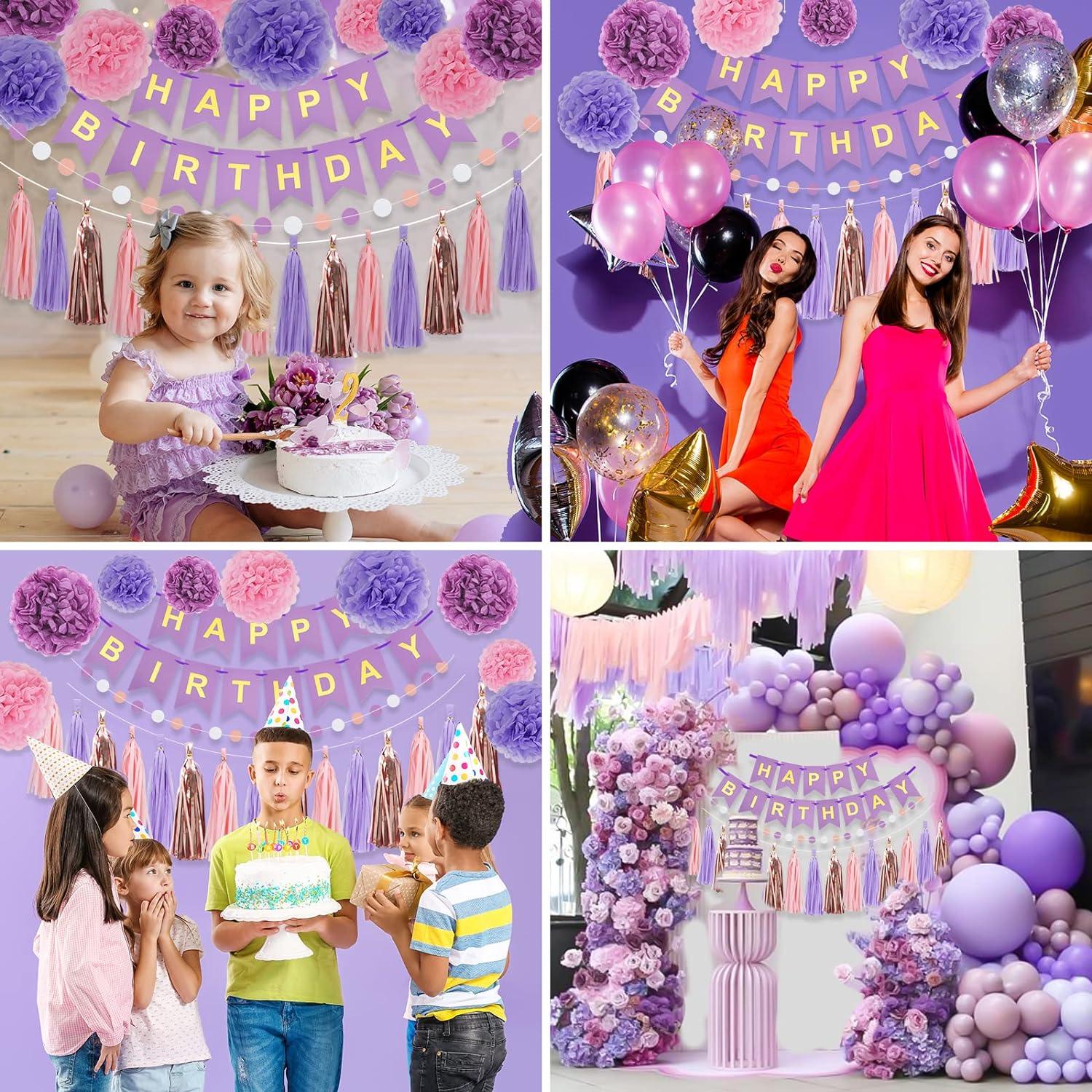 Purple Pink Birthday Party Decorations Set with Happy Birthday Banner, Tissue Paper Pompoms, Tassel Garland, and Circle Dots Garland - Hibrides