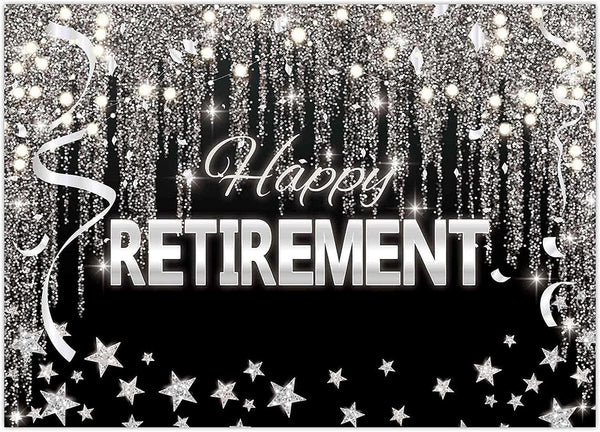 7X5FT Happy Retirement Backdrop Black and Silver Glitter Shiny Stars Background - Hibrides