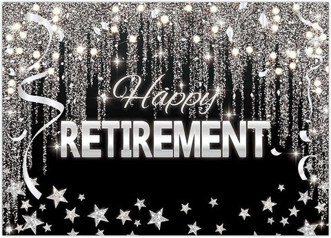 7X5FT Happy Retirement Backdrop Black and Silver Glitter Shiny Stars Background - Hibrides