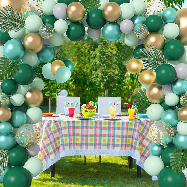 139pcs Metallic Gold Green Confetti Balloons with Tropical Palm Leaves for Animal Wild One Birthday