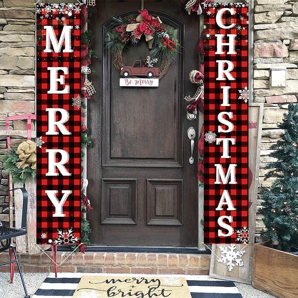Christmas Decorations Outdoor Yard Front Porch Sign Set, Red Black Buffalo Plaid Door Banner, Hanging Merry Christmas Decorations for Home - Hibrides