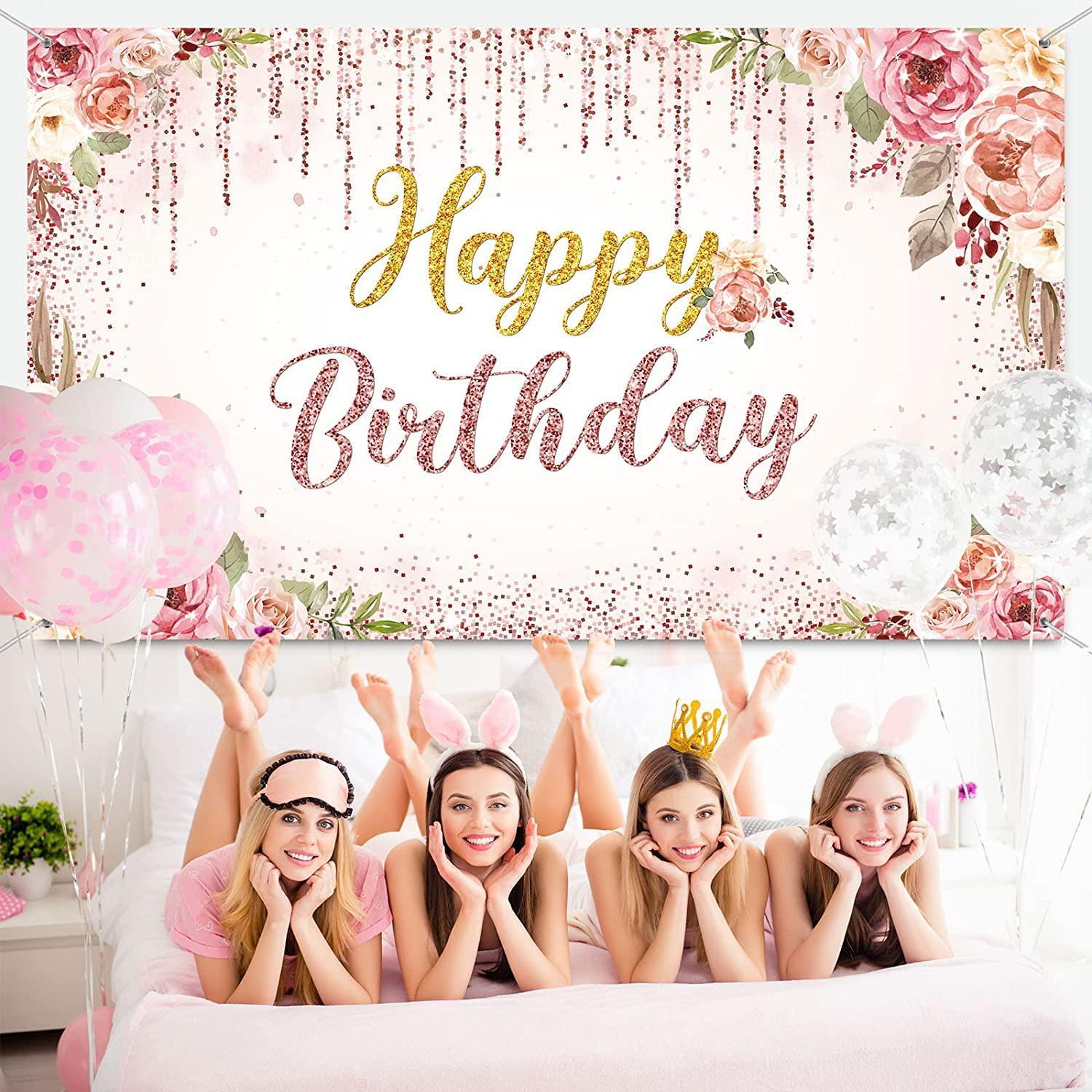 Rose Gold Happy Birthday Backdrop Decorations for Women Pink and Gold Background - Hibrides