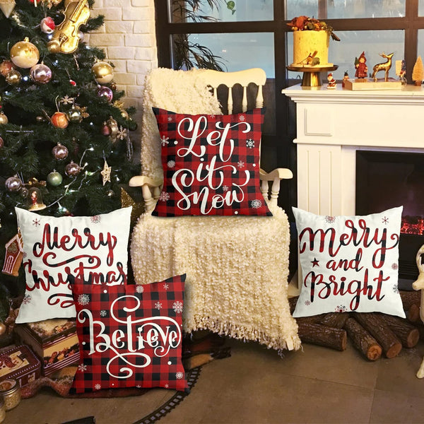 Set of 4 Christmas Decorations Christmas Pillow Covers 18x18 Inches Farmhouse Buffalo Plaid Black and Red Throw Pillow Case Winter Holiday Christmas Decor