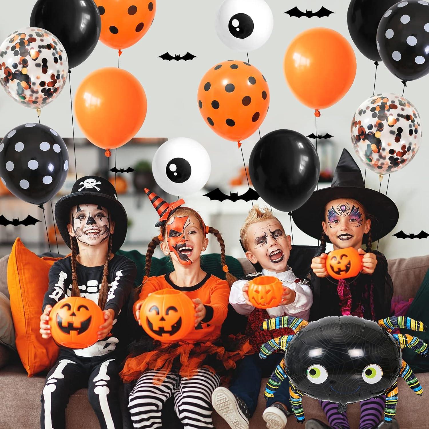 113PCS Halloween Balloon Garland Arch Kit, Black Orange White Confetti Balloons with Large Spider Foil Balloon - Hibrides