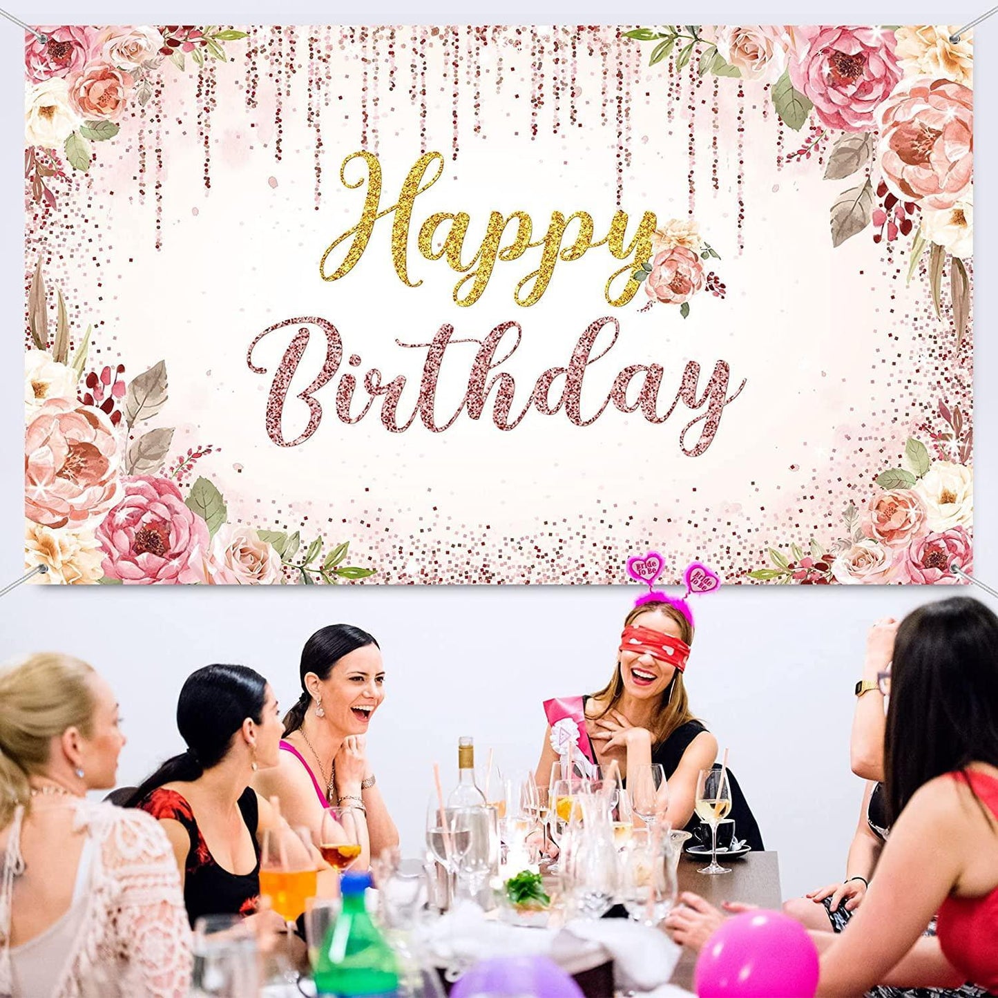 Rose Gold Happy Birthday Backdrop Decorations for Women Pink and Gold Background - Hibrides