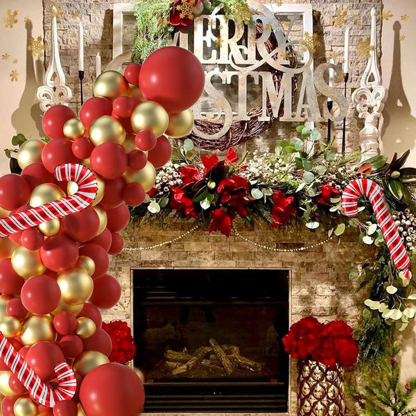 120PCS Christmas Balloons Garland Arch Kit Red and Gold Balloons Pack With Christmas Candy Cane