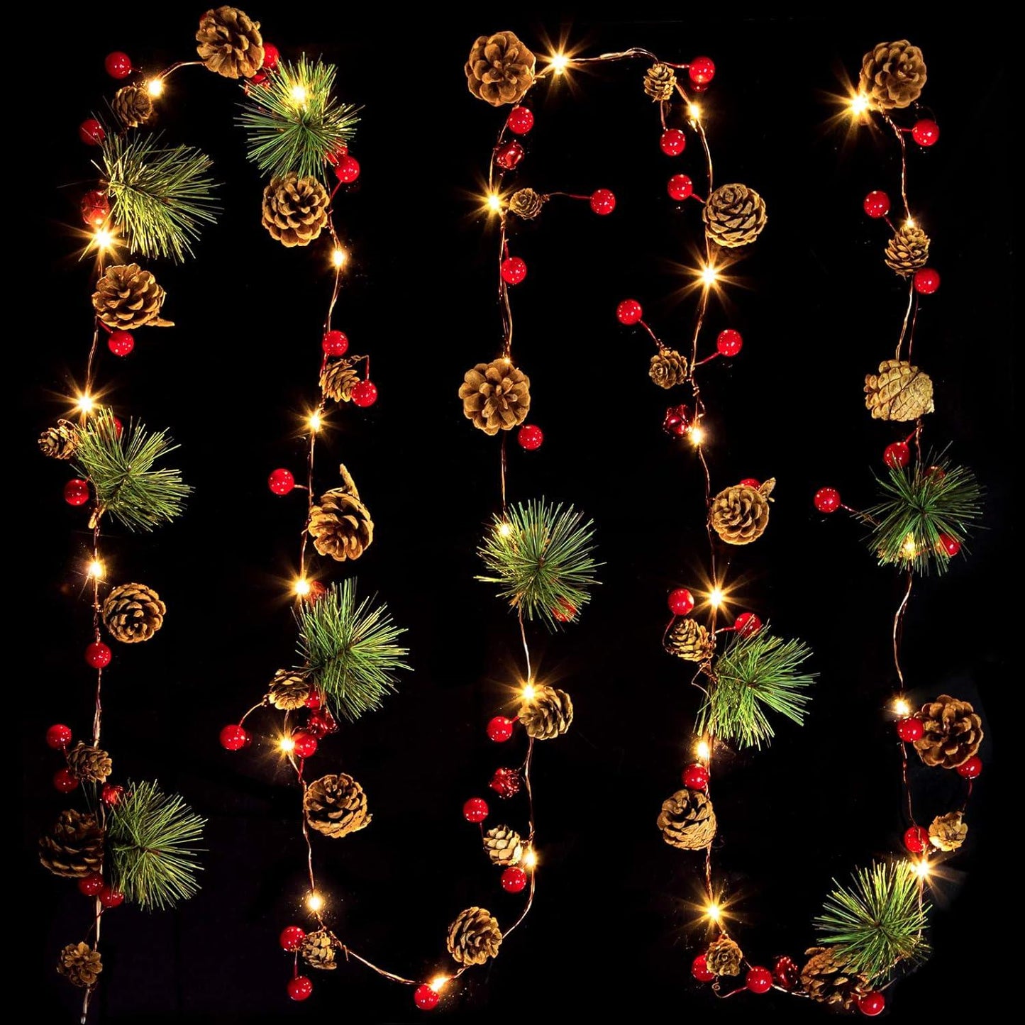 10ft 35 LED Christmas Garland with Lights, Christmas Pinecone Lights Red Berry Pine Needles Bell Battery Operated Xmas Lights - Hibrides