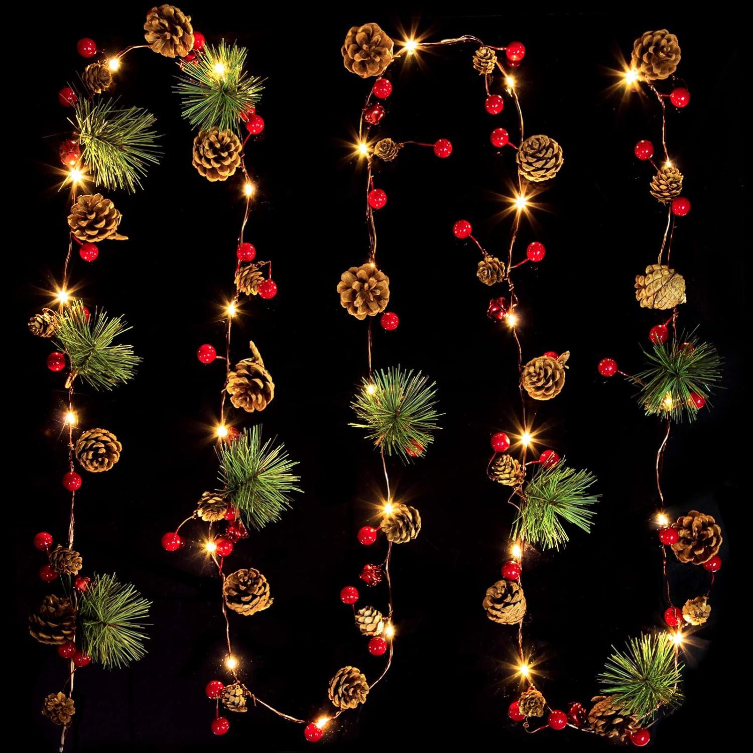 10ft 35 LED Christmas Garland with Lights, Christmas Pinecone Lights Red Berry Pine Needles Bell Battery Operated Xmas Lights - Hibrides