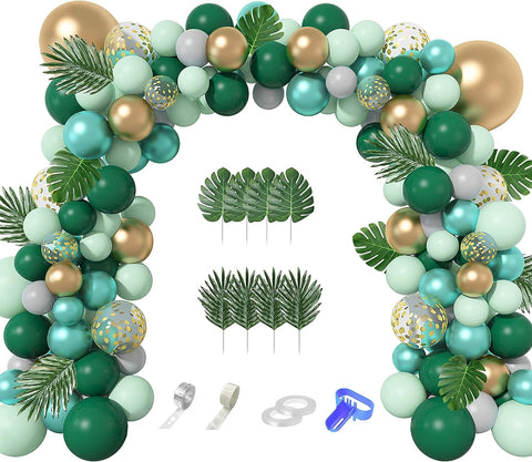 139pcs Metallic Gold Green Confetti Balloons with Tropical Palm Leaves for Animal Wild One Birthday