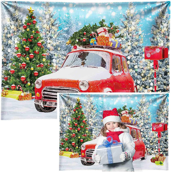 Christmas Red Truck Backdrop Winter Snowy Forest Tree Background - Hibrides