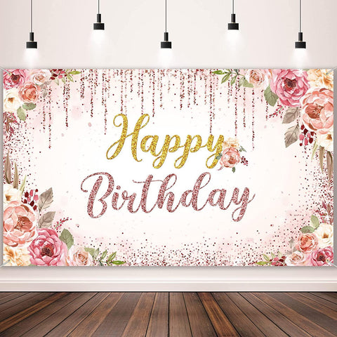 Rose Gold Happy Birthday Backdrop Decorations for Women Pink and Gold Background - Hibrides