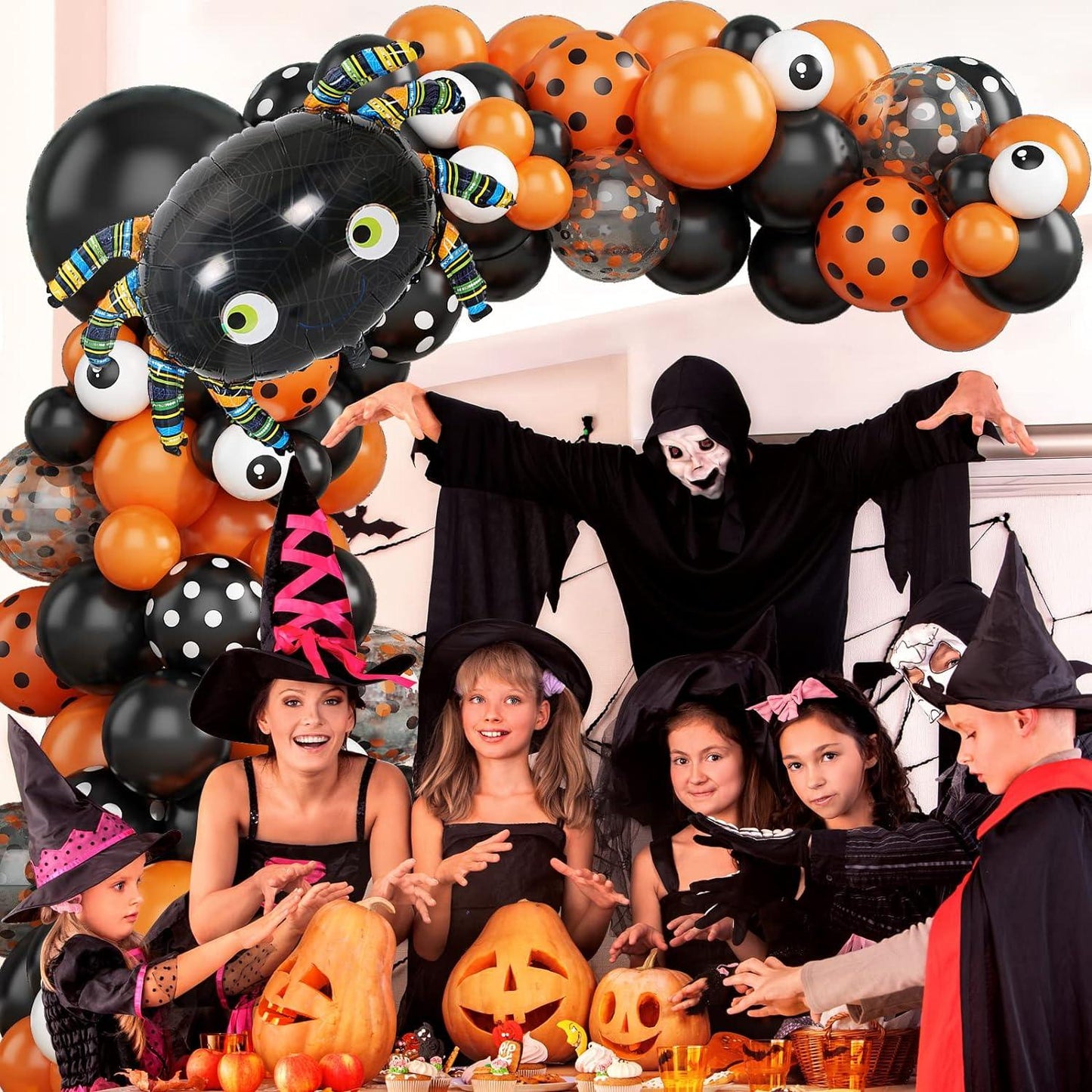113PCS Halloween Balloon Garland Arch Kit, Black Orange White Confetti Balloons with Large Spider Foil Balloon - Hibrides