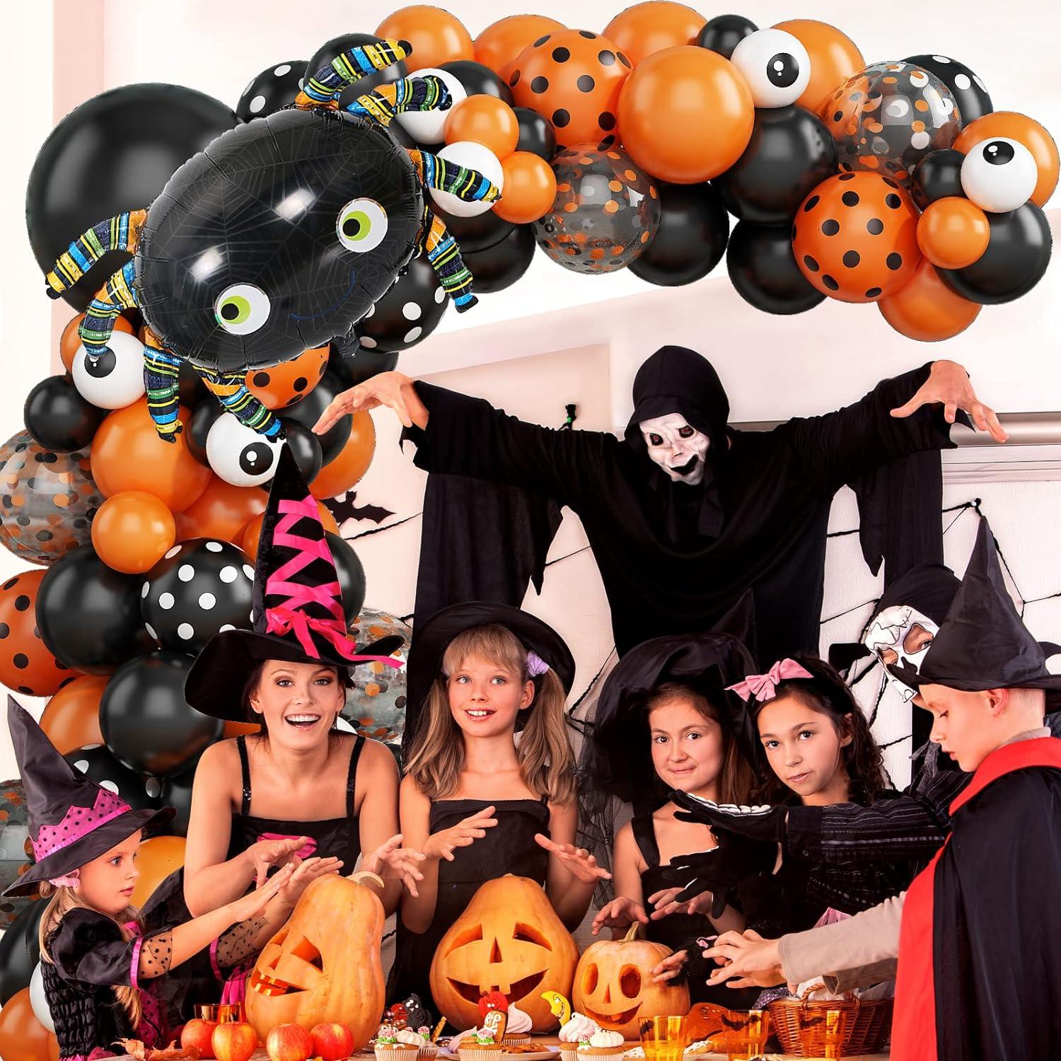 113PCS Halloween Balloon Garland Arch Kit, Black Orange White Confetti Balloons with Large Spider Foil Balloon - Hibrides