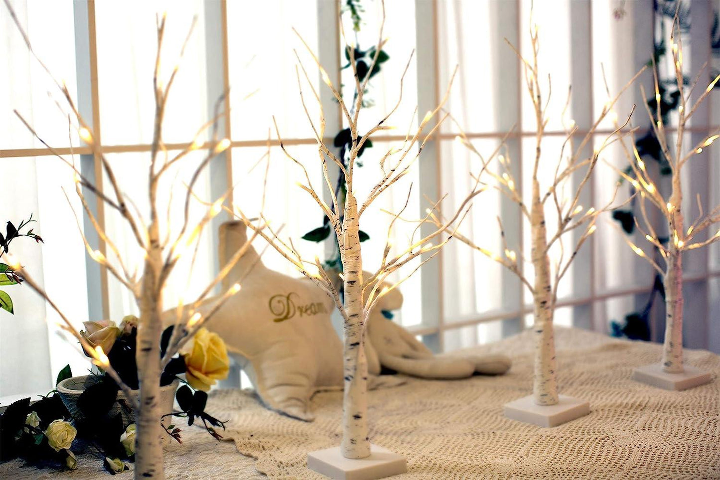 2Pack 24 LED Battery Operated Tabletop Mini Artificial Trees with Lights for Centerpiece Lighted Birch Tree for Home Decor, White Christmas Decorations Indoor - Hibrides