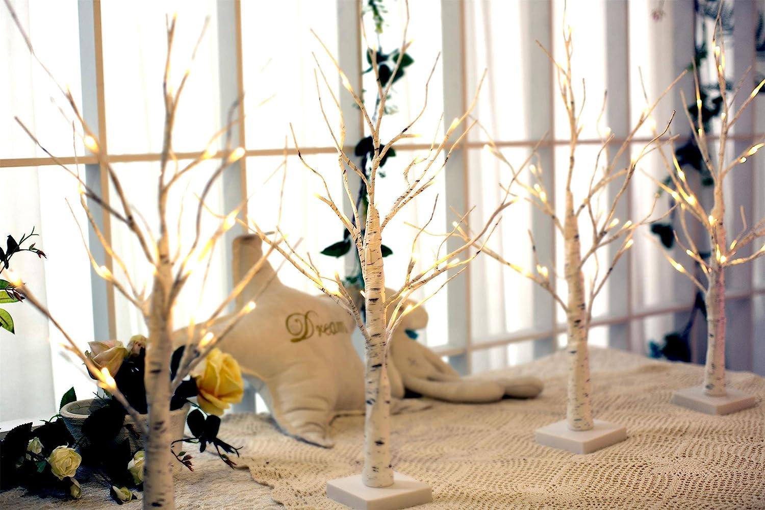 2Pack 24 LED Battery Operated Tabletop Mini Artificial Trees with Lights for Centerpiece Lighted Birch Tree for Home Decor, White Christmas Decorations Indoor - Hibrides