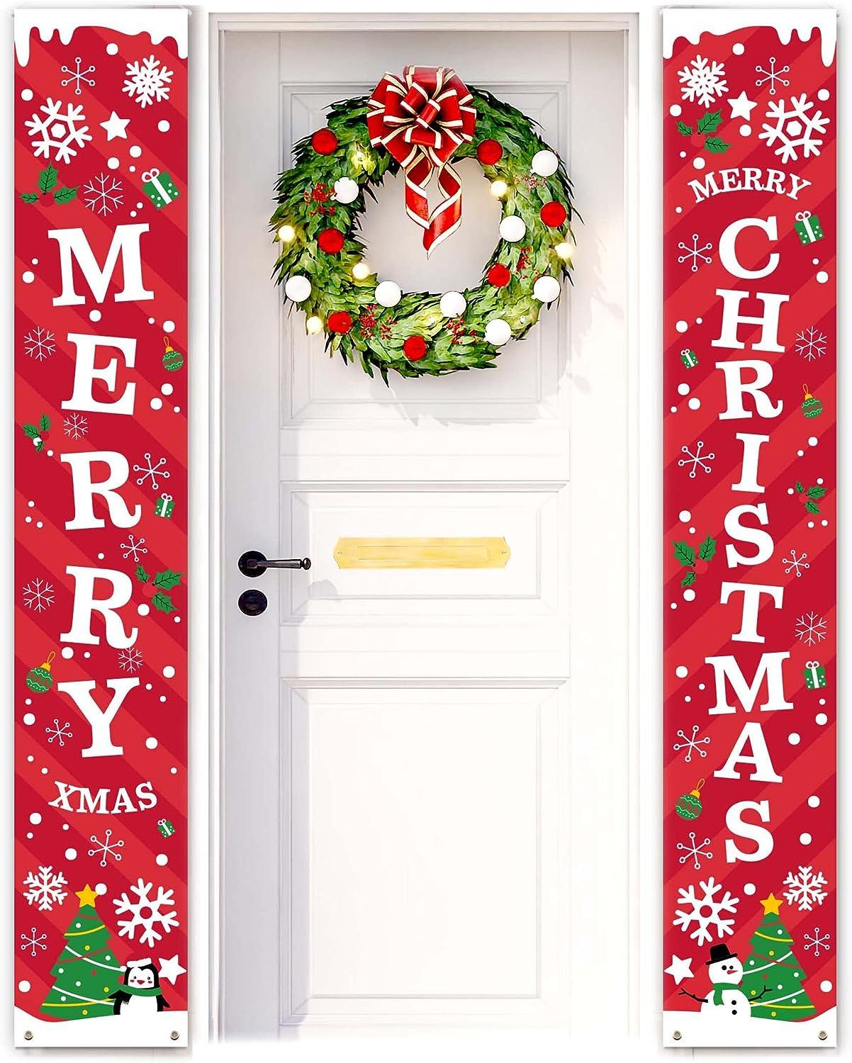 Merry Christmas Banner Sign- Christmas Front Porch Door Decorations - Outdoor Xmas Decor - Red Merry Christmas Sign - Hibrides