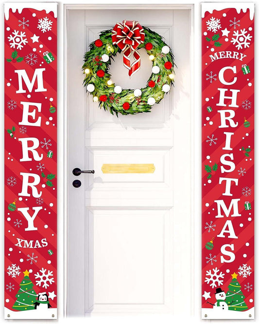 Merry Christmas Banner Sign- Christmas Front Porch Door Decorations - Outdoor Xmas Decor - Red Merry Christmas Sign - Hibrides