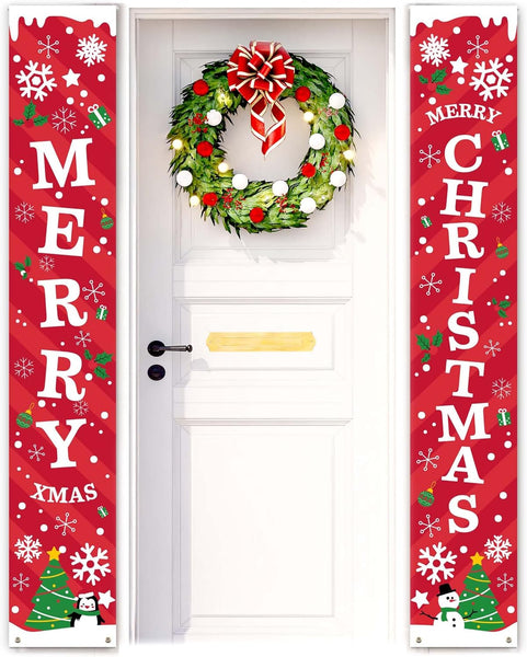 Merry Christmas Banner Sign- Christmas Front Porch Door Decorations - Outdoor Xmas Decor - Red Merry Christmas Sign