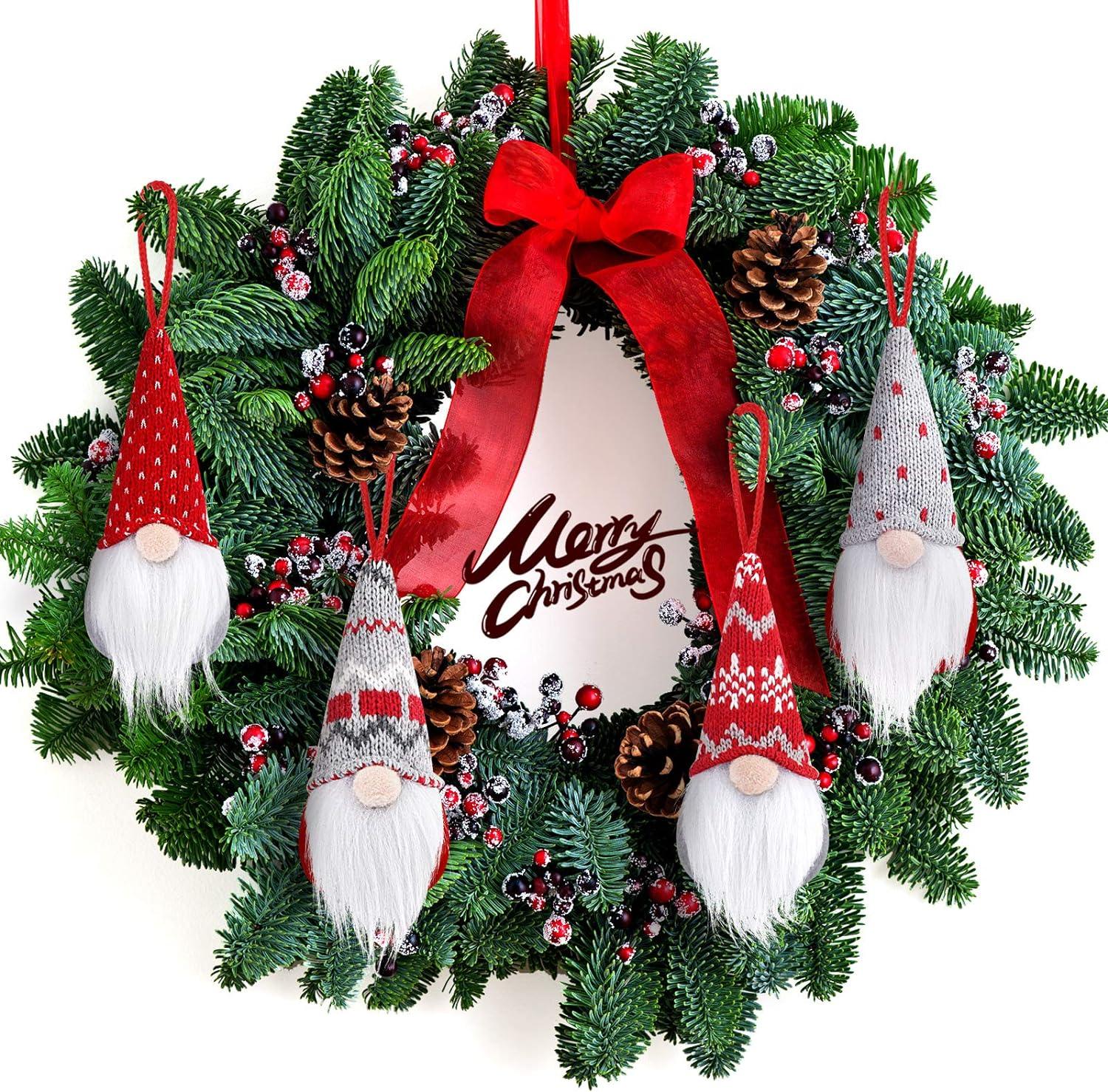 Set of 4 Gnome Christmas Ornaments, Handmade Swedish Gnomes Plush Scandinavian Santa Elf Table Ornaments Christmas Tree - Hibrides