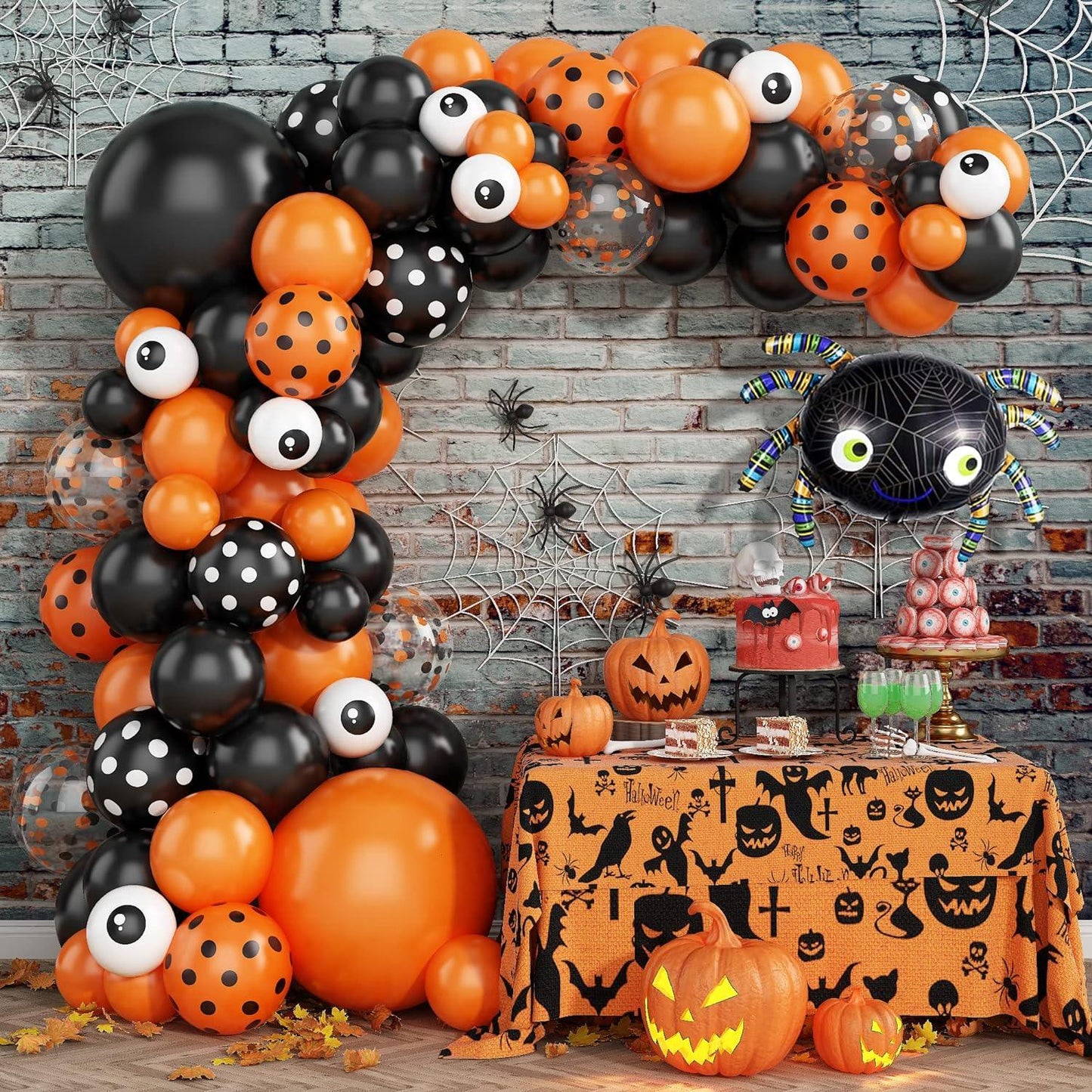 113PCS Halloween Balloon Garland Arch Kit, Black Orange White Confetti Balloons with Large Spider Foil Balloon - Hibrides