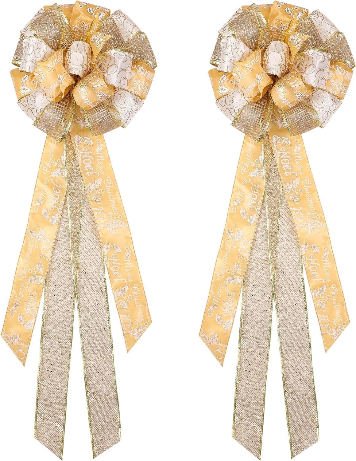 Gold Christmas Tree Topper,27x12 Inches Large Toppers Bow with Streamer Wired Edge for Christmas Decoration - Hibrides