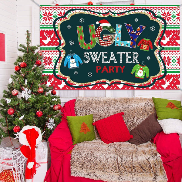 Ugly Sweater Party Supplies Large Fabric Red and Green Ugly Xmas Sweater Party Backdrop for Ugly Sweater - Hibrides