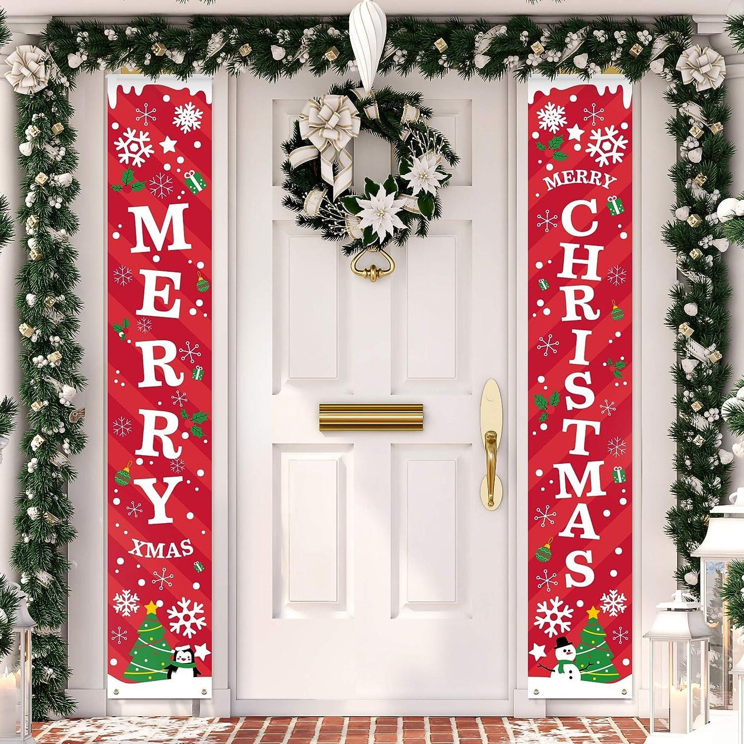 Merry Christmas Banner Sign- Christmas Front Porch Door Decorations - Outdoor Xmas Decor - Red Merry Christmas Sign - Hibrides