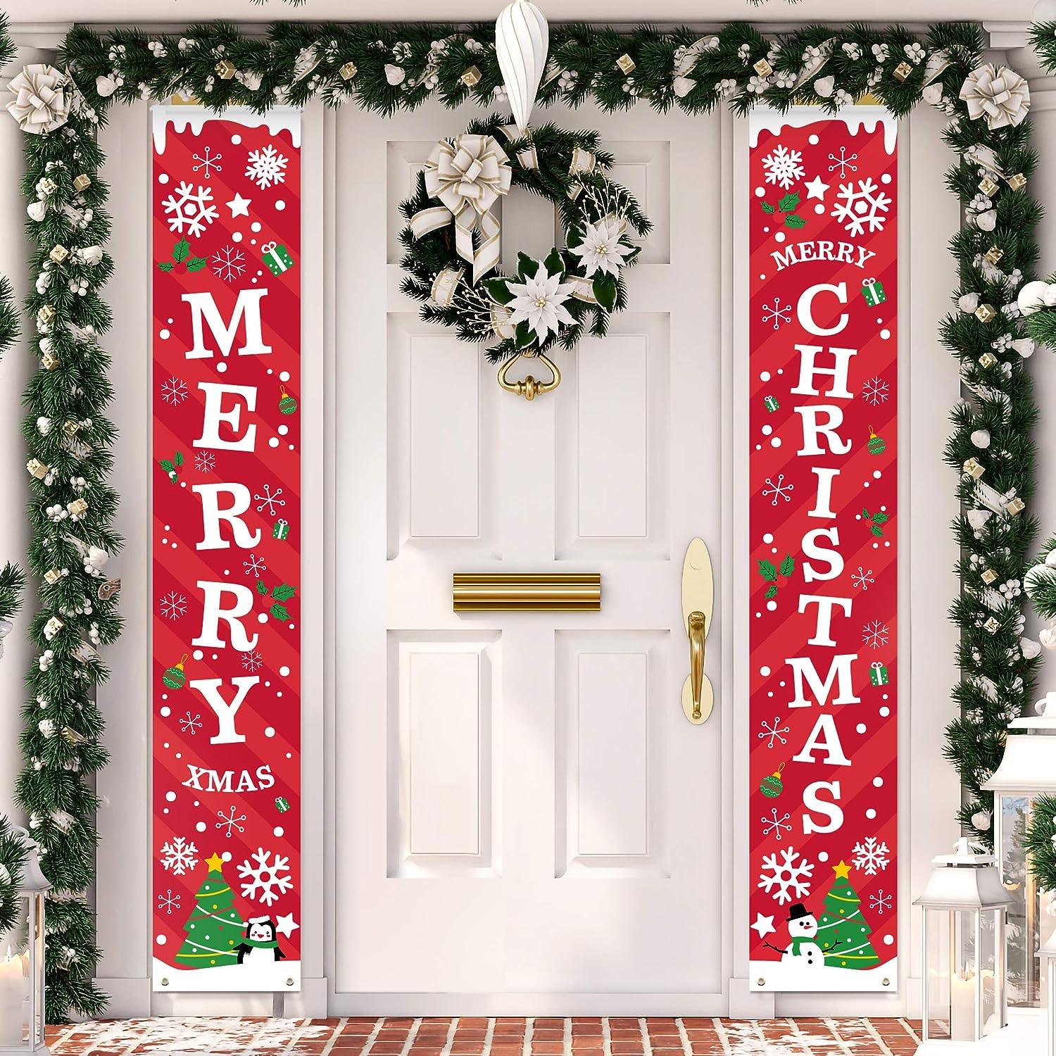 Merry Christmas Banner Sign- Christmas Front Porch Door Decorations - Outdoor Xmas Decor - Red Merry Christmas Sign - Hibrides