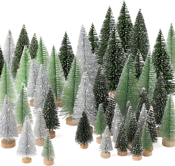 30pcs Mini Christmas Trees- Artificial Christmas Tree Christmas with 5 Sizes Snow Trees with Wooden Base for Christmas