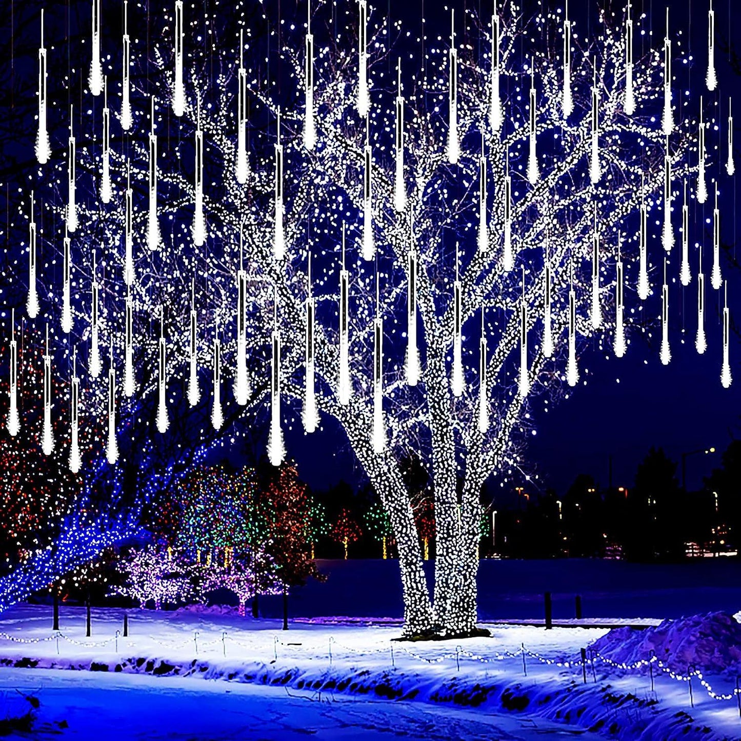 Christmas Lights Outdoor, Meteor Shower Lights Falling Rain Lights 12 inch 8 Tube 192 LED Snow Falling Icicle Cascading Lights for Xmas Tree - Hibrides