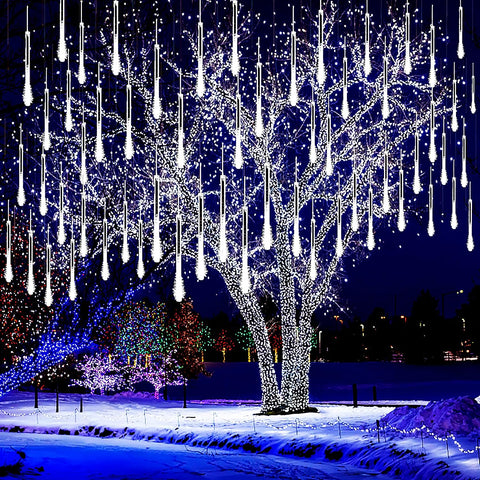 Christmas Lights Outdoor, Meteor Shower Lights Falling Rain Lights 12 inch 8 Tube 192 LED Snow Falling Icicle Cascading Lights for Xmas Tree - Hibrides